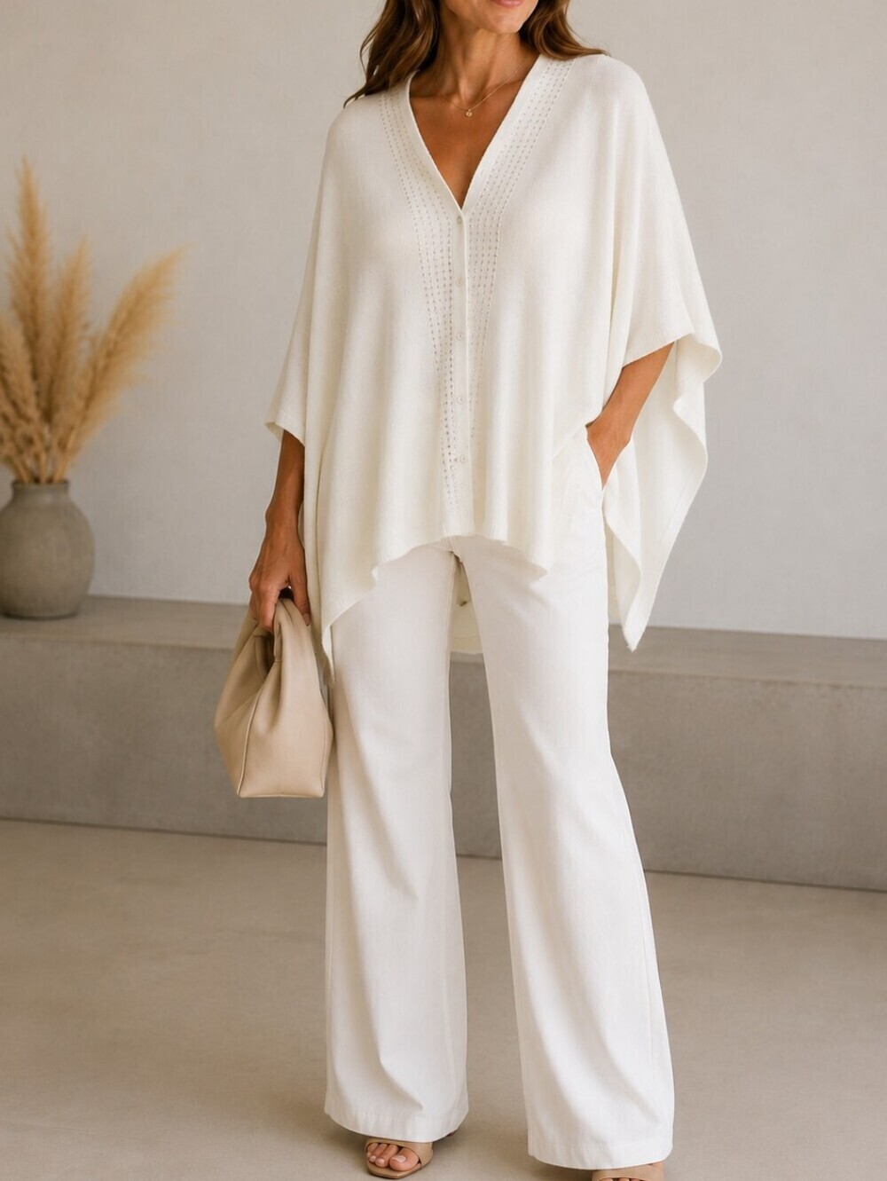 Ivory Cream Poncho Cardigan Sweater One Size Oversized Boho Coastal - Picture 4 of 4